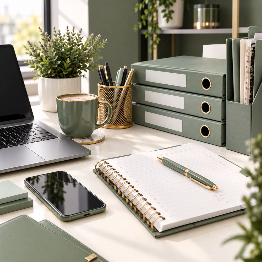 Bureau organisé avec ordinateur, classeurs et carnet